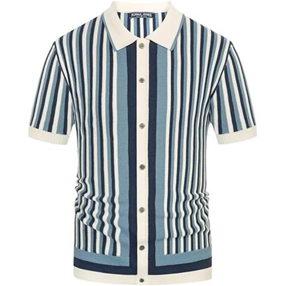 Men's Polo Shirts Retro Knit Shirt Vintage Striped Shirt - Picture 7 of 7
